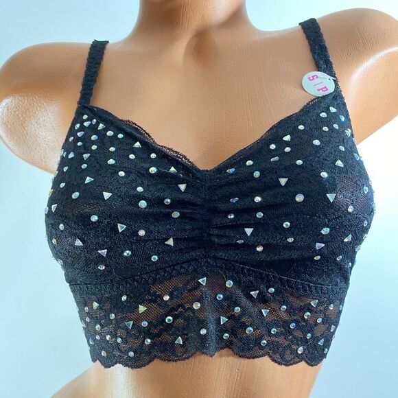 Victorias Secret Pink Bling Stones Ruched Lace Bralette bra black - Picture 3 of 6